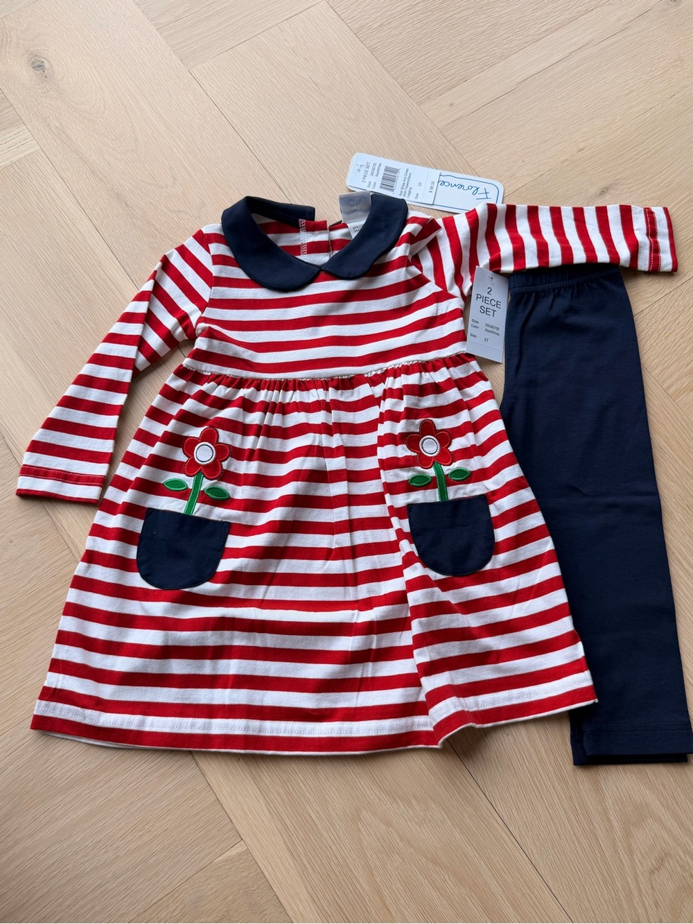 Florence Eiseman Girls 3T Red & White Striped Dress with Navy Leggings Set